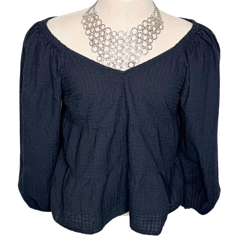 Old Navy Peplum Top L Black Tiered Balloon Sleeve V-Neck Seersucker Boho Blouse